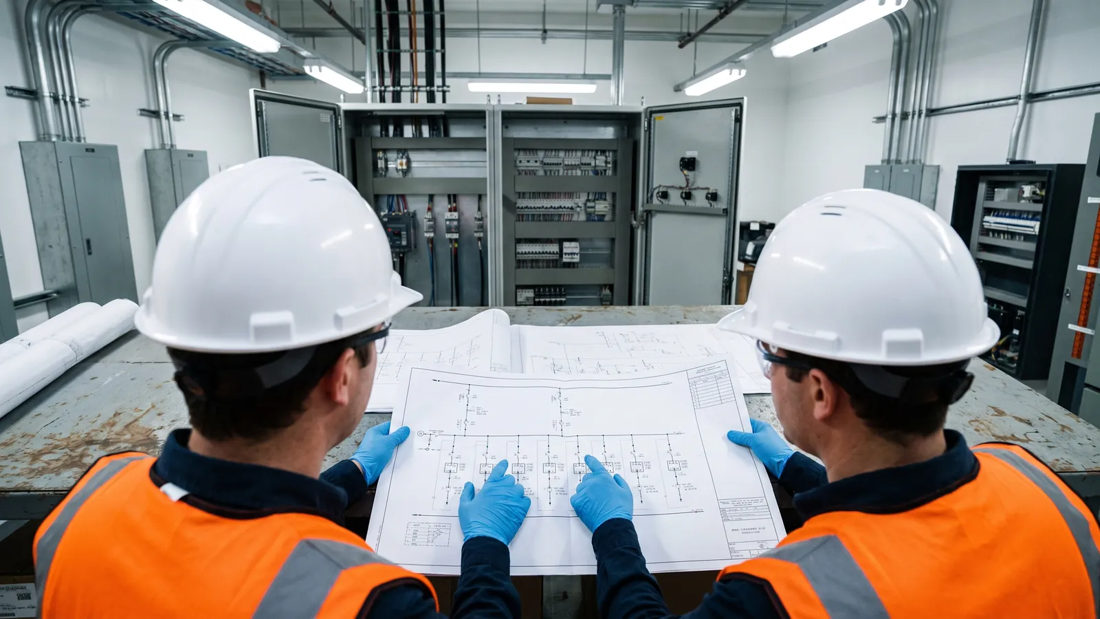 Ingenieros revisando planos eléctricos frente a un tablero de control